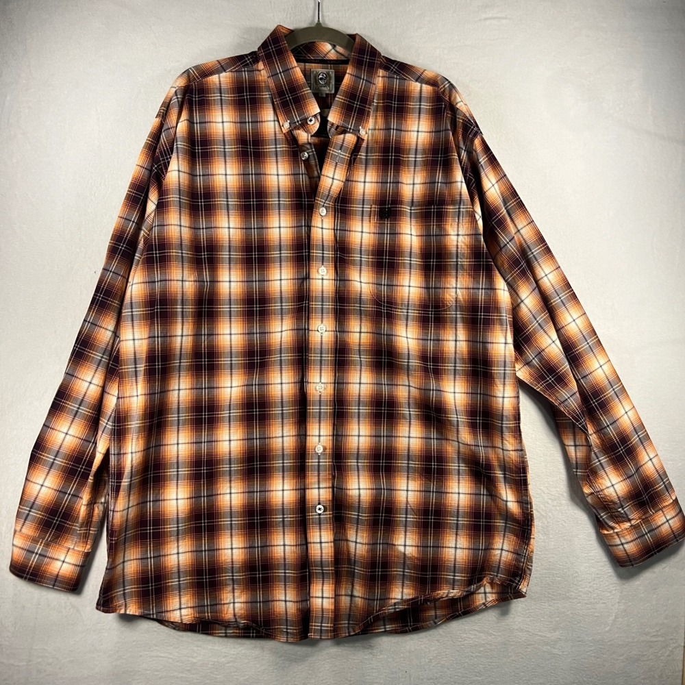 Cinch Mens Plaid Long‎ Sleeve Button Down Orange Purple L Western Cowboy Rodeo